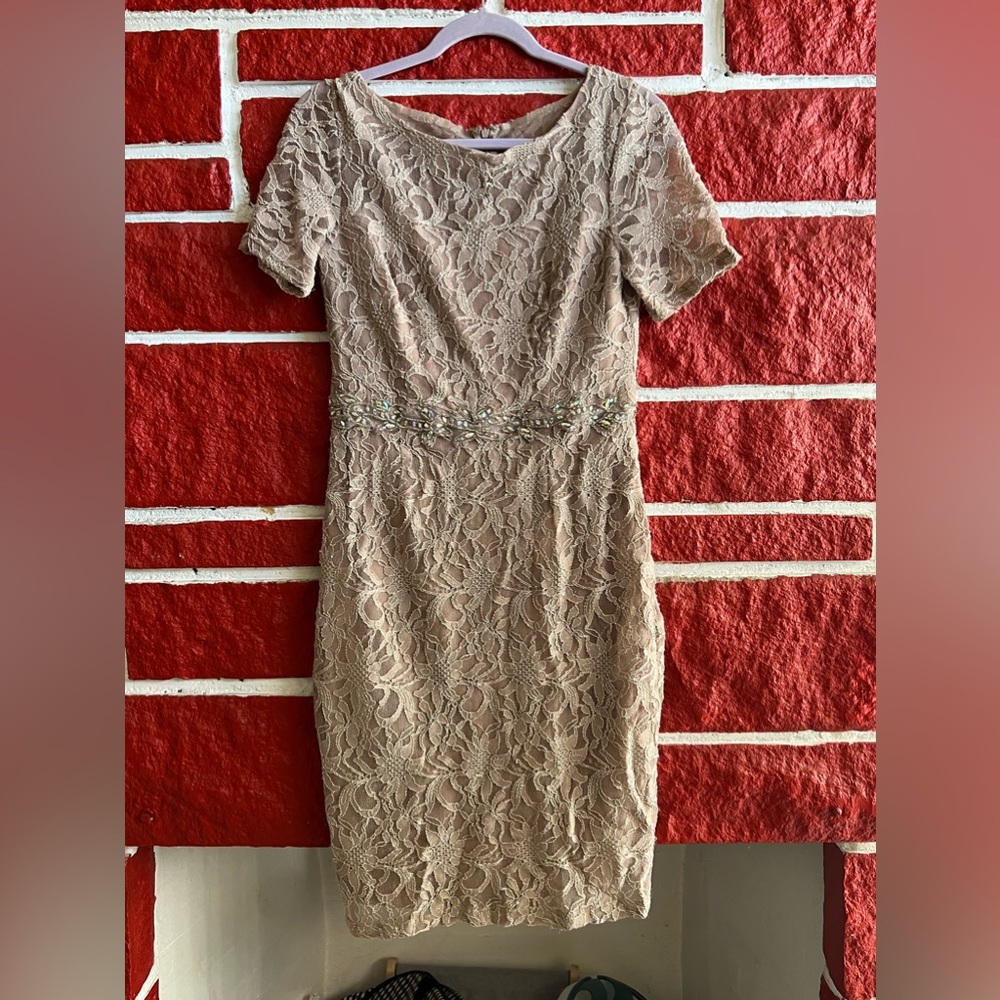 Nude Lace Sparkling Midi Dress Belt in Middle